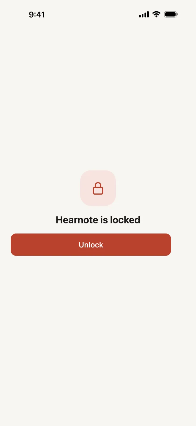 Hearnote screenshot: the app’s lock screen with a padlock icon, the text “Hearnote is locked” and an Unlock button.