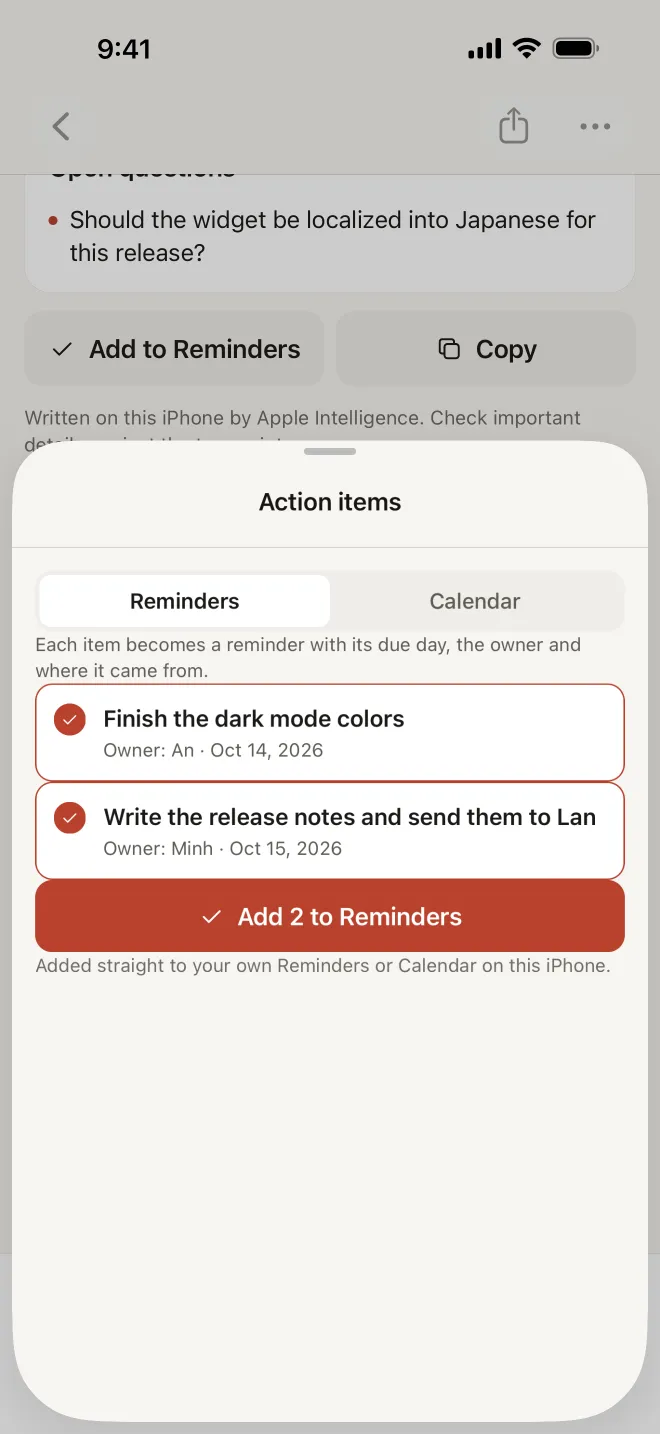 Hearnote screenshot: the Action items sheet with Reminders and Calendar tabs, two ticked items with their owners and dates, “Finish the dark mode colors” (An, Oct 14, 2026) and “Write the release notes and send them to Lan” (Minh, Oct 15, 2026), and a red “Add 2 to Reminders” button.
