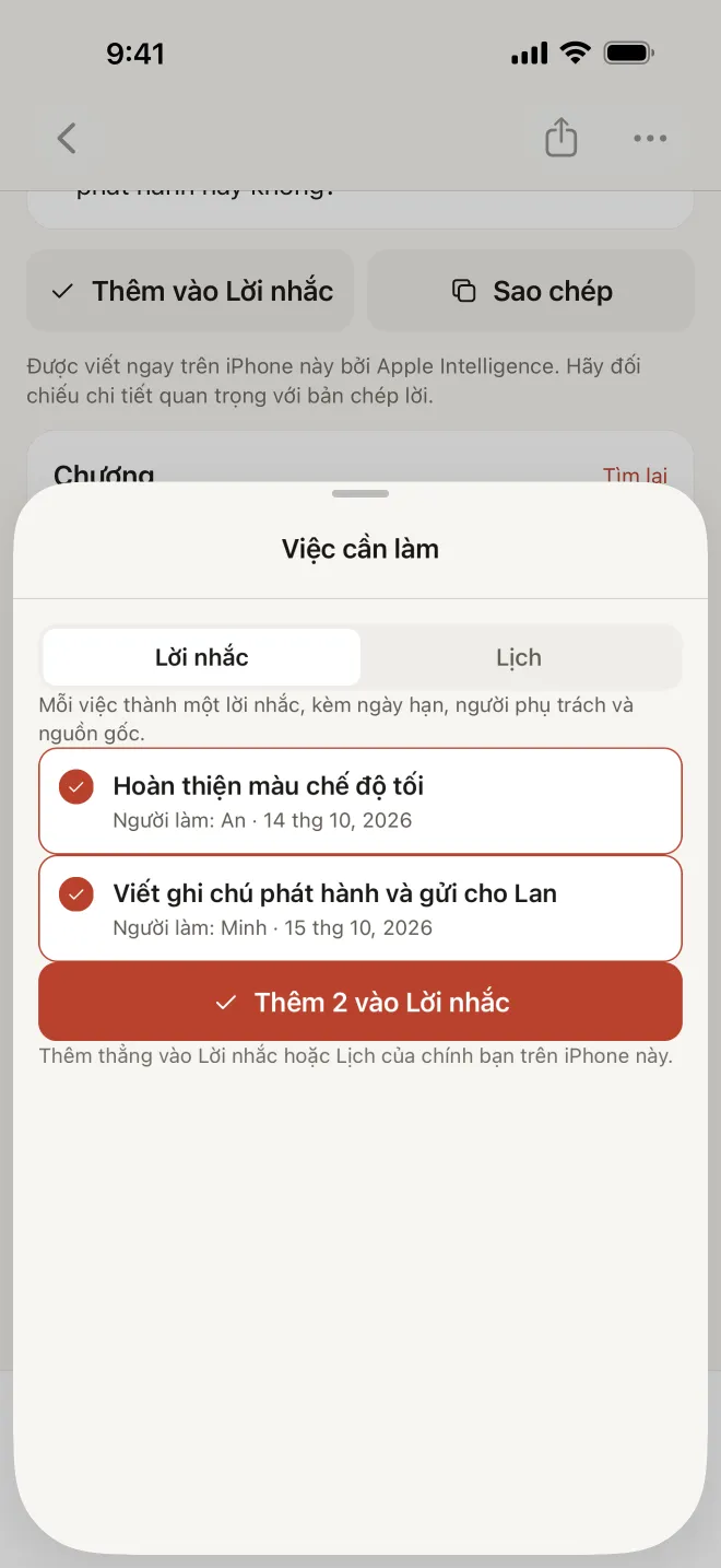 Ảnh chụp màn hình Hearnote: bảng Việc cần làm với hai thẻ Lời nhắc và Lịch, hai việc đã đánh dấu kèm người làm và hạn — “Hoàn thiện màu chế độ tối” (An, 14/10/2026) và “Viết ghi chú phát hành và gửi cho Lan” (Minh, 15/10/2026) — cùng nút đỏ “Thêm 2 vào Lời nhắc”.