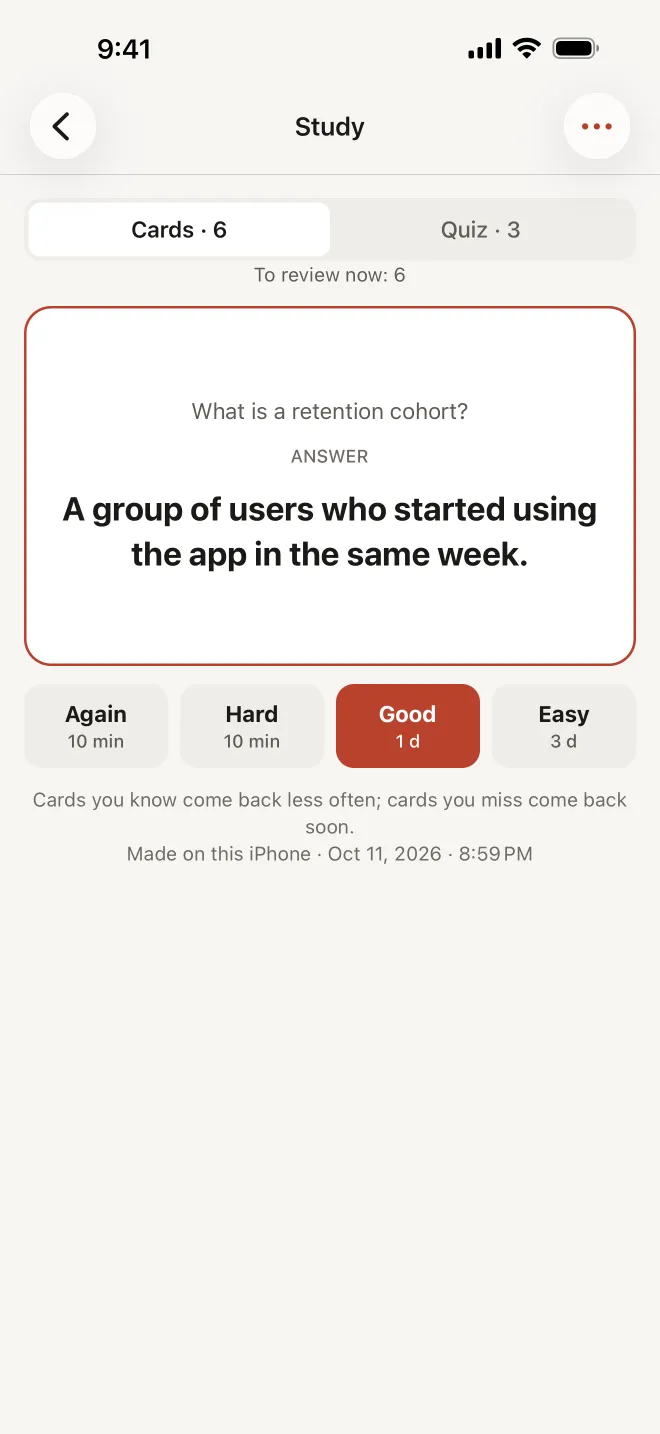 Hearnote screenshot: the Study screen with tabs Cards · 6 and Quiz · 3, “To review now: 6”, a flashcard asking “What is a retention cohort?” with its answer shown, and buttons Again, Hard, Good and Easy with their review intervals.