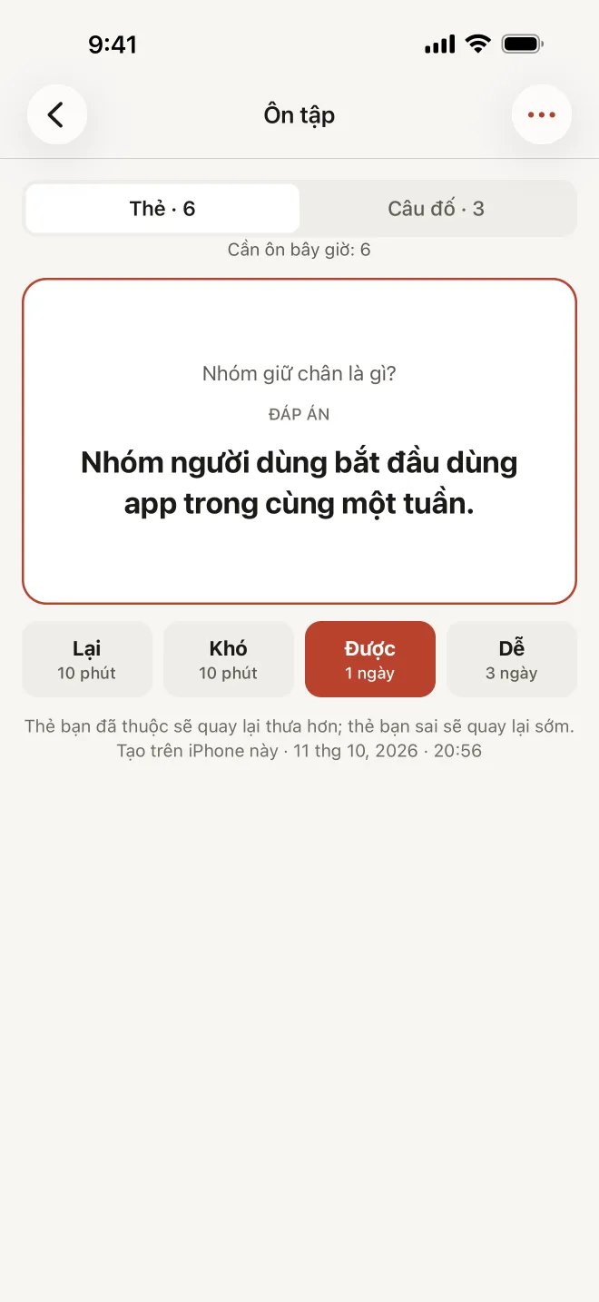 Ảnh chụp màn hình Hearnote: màn hình Ôn tập với hai tab Thẻ · 6 và Câu đố · 3, dòng “Cần ôn bây giờ: 6”, một thẻ hỏi “Nhóm giữ chân là gì?” đang hiện đáp án, cùng các nút Lại, Khó, Được, Dễ kèm khoảng thời gian ôn lại.