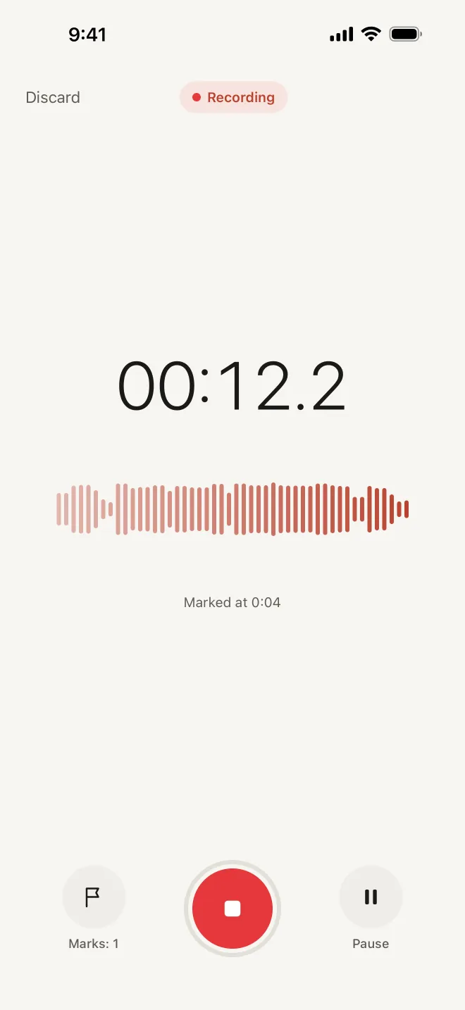 Hearnote screenshot: the recording screen with a Recording label at the top, a 00:12.2 timer, a live waveform, “Marked at 0:04”, a Mark button with a count of 1, a red stop button and a Pause button.