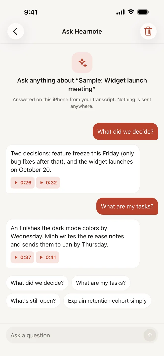 Hearnote screenshot: Ask Hearnote about the sample meeting, with the questions “What did we decide?” and “What are my tasks?”, answers that carry tappable timestamp chips such as 0:26 and 0:32, and suggested questions below.