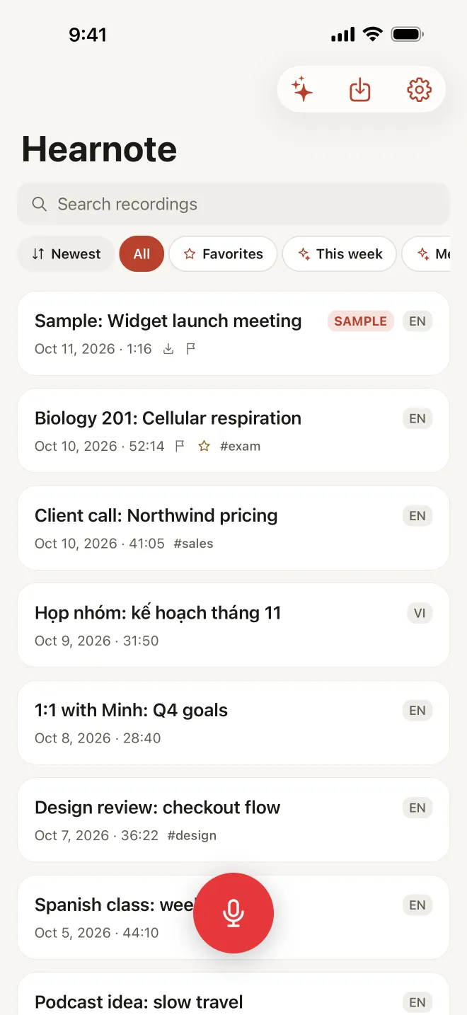 Hearnote screenshot: the library with a Search recordings field, filter chips Newest, All, Favorites and This week, and a list of recordings, each with a title, date, duration, a language chip and tags such as #sales and #design.