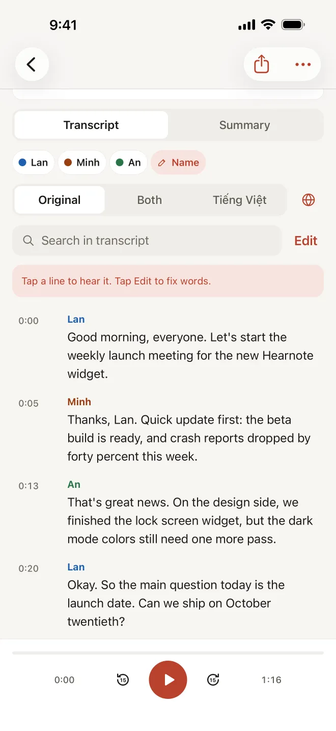 Hearnote screenshot: the Transcript tab with speaker chips Lan, Minh and An, an Original / Both / Tiếng Việt switch, a “Search in transcript” field and timestamped lines with speaker names.