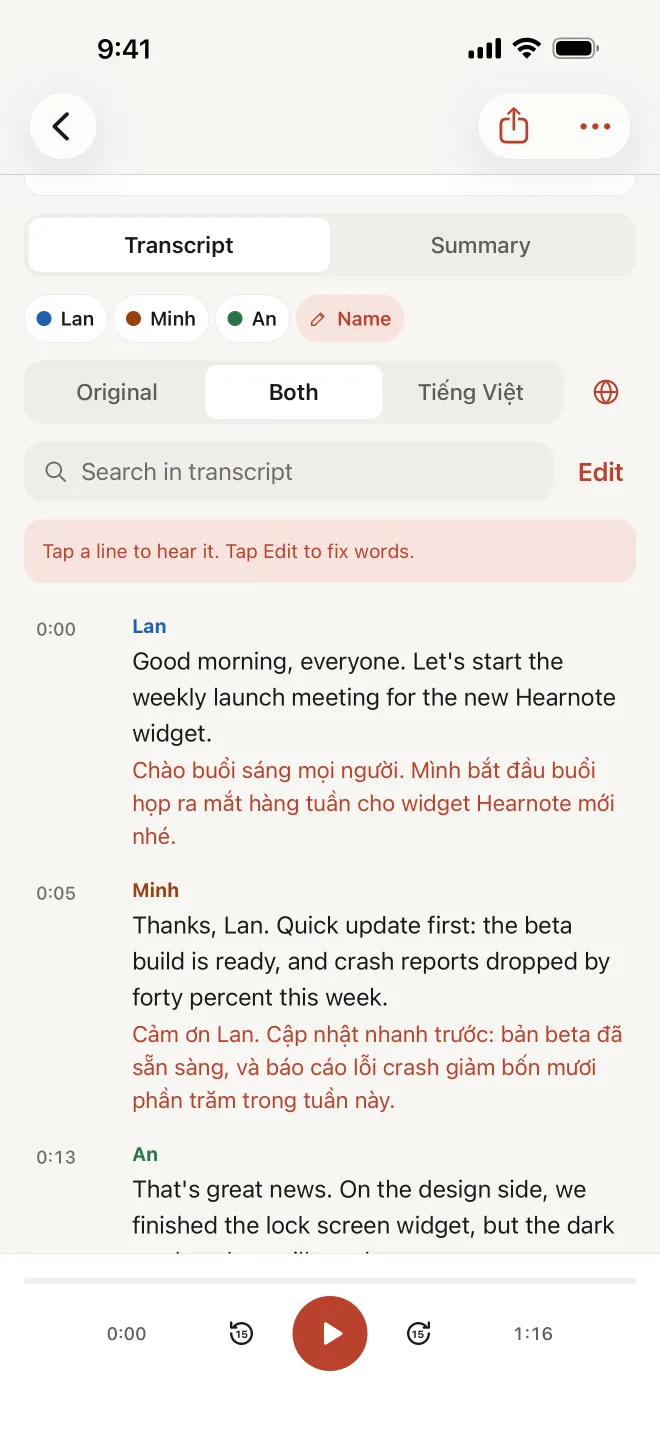 Hearnote screenshot: the Both view of a transcript, each English line followed by its Vietnamese translation in red.